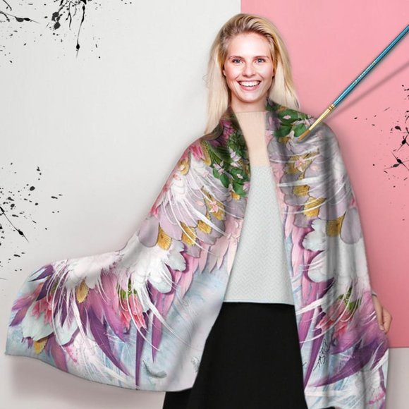 Pink & Lavendar Angel Feather Wings Pure Silk Fantasy Scarf Shawl - Picture 14 of 16